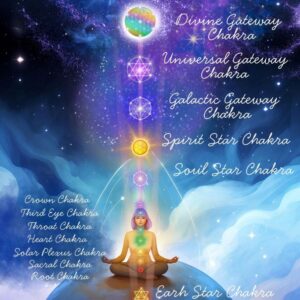 5D chakra system illustration showing all 14 chakras aligned from Earth Star to Divine Gatewa