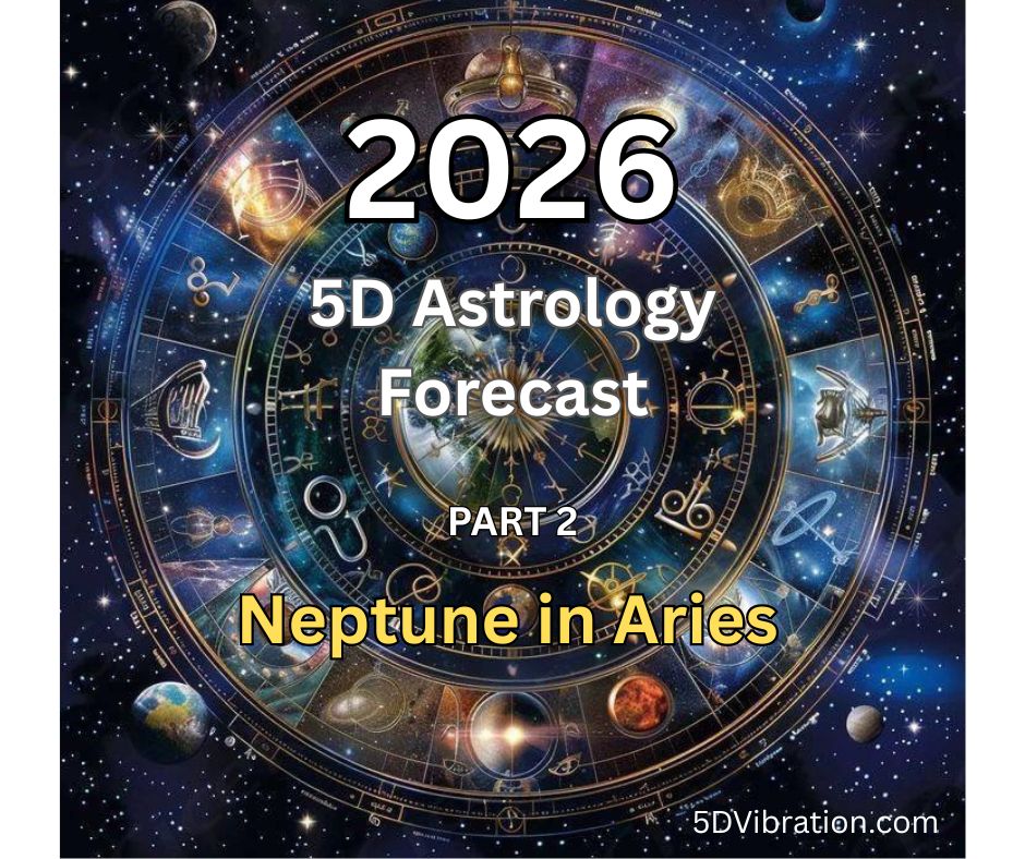 2026 5D astrology forecast Part 2 featuring Neptune in Aries, zodiac wheel and planetary symbolism representing global and personal transformation