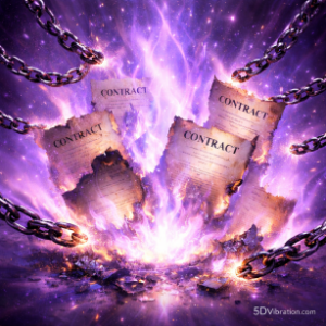 Breaking destructive soul contracts in the 5D field, chains dissolving in violet flame energy