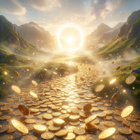 Golden path of coins leading through a luminous landscape, symbolizing abundance, manifestation, and new money laws in the 5D Shift.